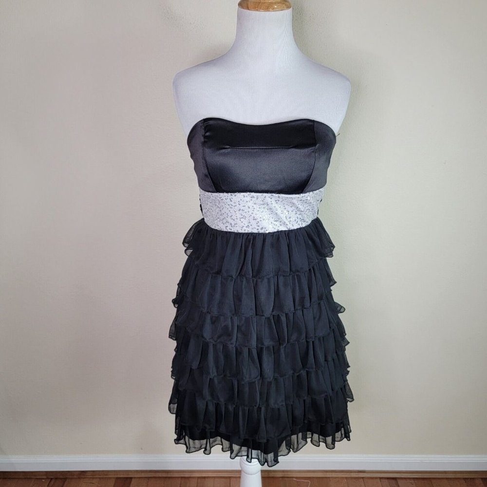 RUBY ROX Vintage Y2k Women's Strapless Dress Size 3 Black Ruffle Short Sequin